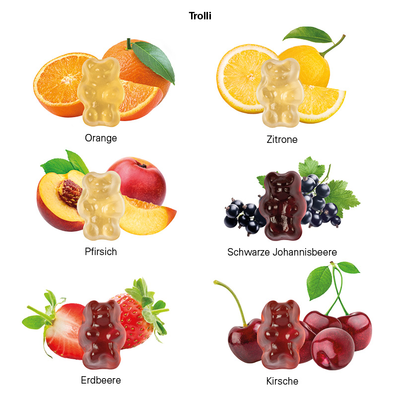 Fruchtgummi Tetraeder, Folie weiß, Trolli Fruchtgummibären, 30% Fruchtsaftqualität