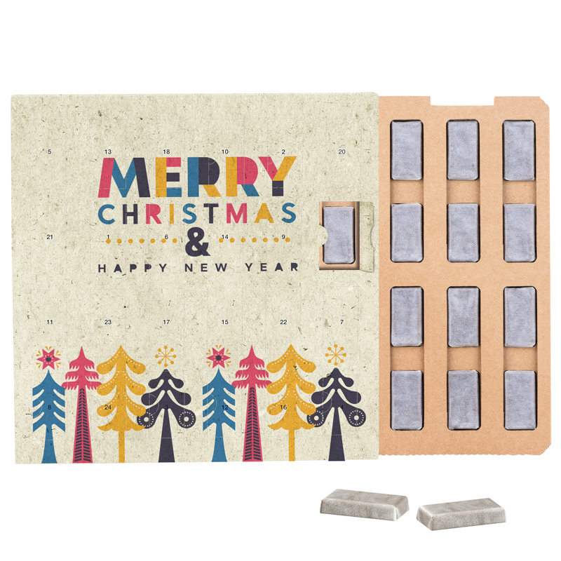 Täfelchen Adventskalender ECO, Graspapier, Papierblister, Alpenmilch-Schokotäfelchen in Pergaminpapier
