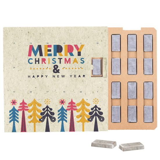 Täfelchen Adventskalender ECO, Graspapier, Papierblister, Alpenmilch-Schokotäfelchen in Pergaminpapier