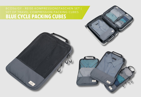 TROIKA Reise-Kompressionstaschen Set BLUE CYCLE PACKING CUBES