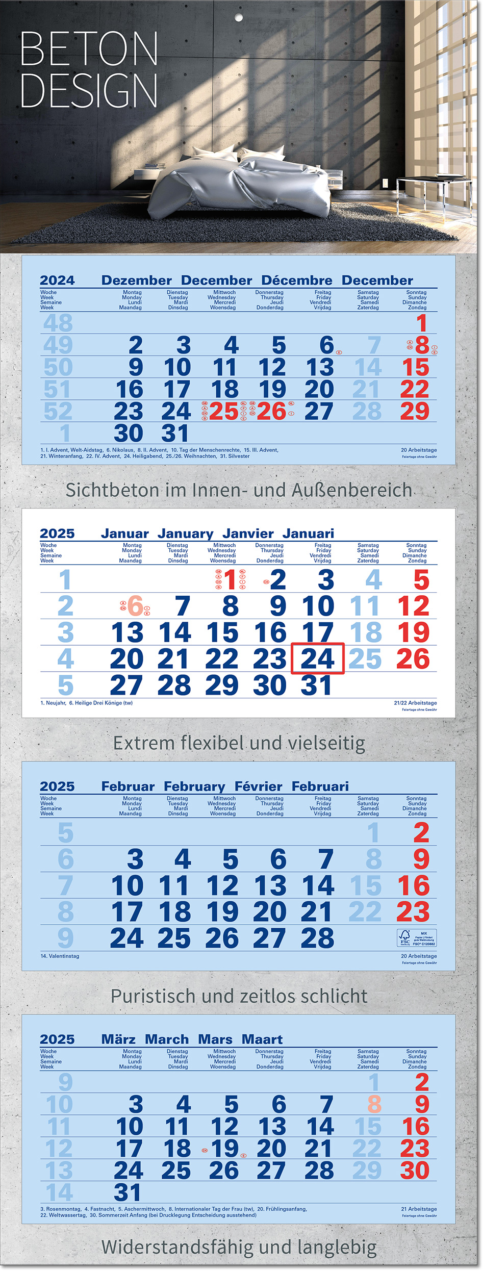 4-Monatsplaner "Junior-4" mit deutsch-mehrsprachigem Kalendarium im Format 33 x 87,5 cm, blau