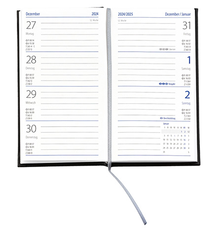Taschenkalender "Klassik" im Format 8,7 x 15,3 cm, deutsches Kalendarium Grau/Blau mit Leseband, 128 Seiten Fadenheftung, Einband Slinky bordeaux