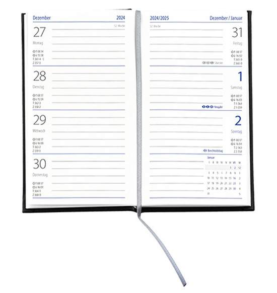 Taschenkalender "Klassik" im Format 8,7 x 15,3 cm, deutsches Kalendarium Grau/Blau mit Leseband, 128 Seiten Fadenheftung, Einband Slinky bordeaux