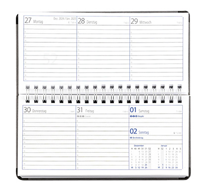 Taschenkalender "Horizontal" im Format 17 x 8 cm, deutsches Kalendarium Grau/Blau, 144 Seiten, Wire-O-Bindung, Eckenperforation, Deckelpaar Magic rot