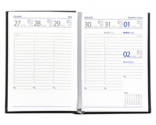 Taschenkalender "Taschenbuch Woche" im Format 10,5 x 14,8 cm, deutsches Kalendarium Grau/Blau mit Leseband, 144 Seiten Fadenheftung, Einband Balacron schwarz