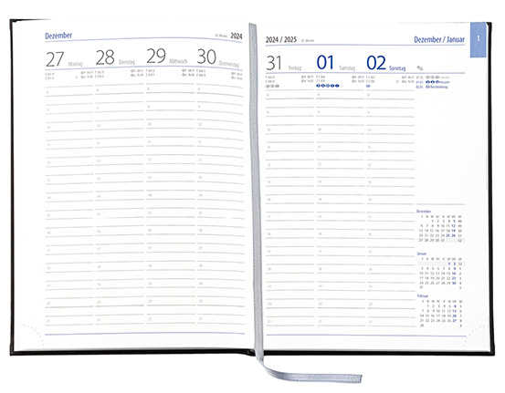 Wochenkalender "Business D" im Format 17,2 x 24 cm, deutsches Kalendarium Grau/Blau mit Leseband, 144 Seiten Fadenheftung, Eckenperforation, Einband Slinky schwarz