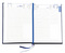 Buchkalender "Daily Chefkalender INT" im Format 14,5 x 20,5 cm, Kalendarium 4-sprachig D/F/I/GB Grau/Blau mit 2 Lesebändern, 416 Seiten Fadenheftung, Eckenperforation, Einband Balacron burgund