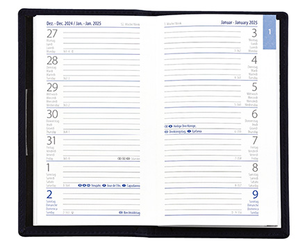 Taschenplaner "Exquisit" im Format 9,5 x 16 cm, Kalendarium 4-sprachig D/F/I/GB Grau/Blau, 64 Seiten gebunden + 16 Seiten ABC-Heft, eingesteckt in PVC-Hülle weiß