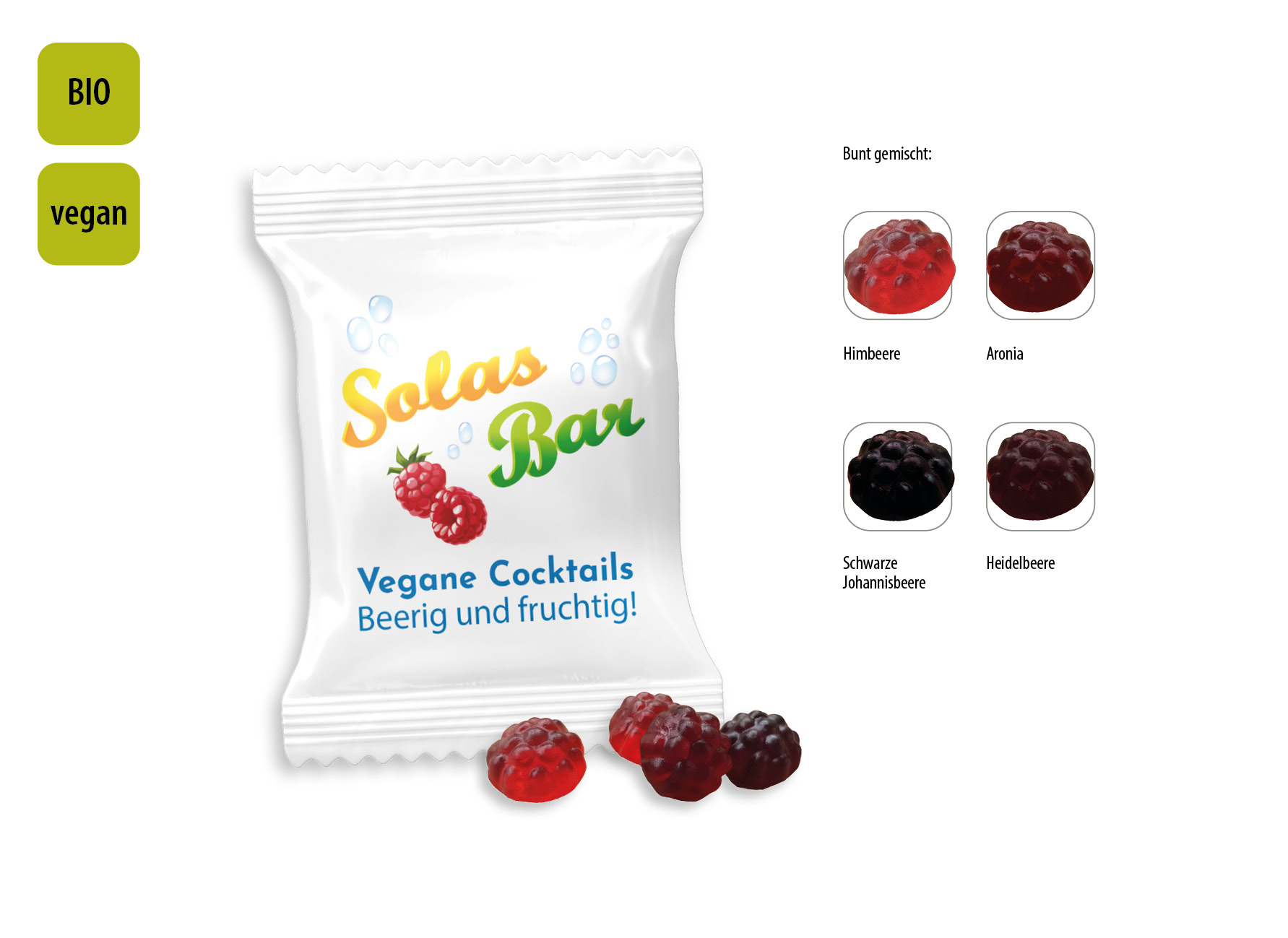 BIO Beerenfrüchtchen vegan Werbetüte, Inhalt: BIO Beerenfrüchtchen vegan ca. 10 g