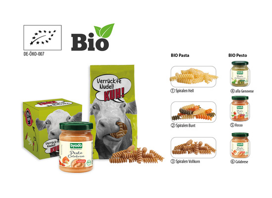 BIO Pasta im Bodenstandbeutel, Inhalt: Bio Spiralen Bunt 14251