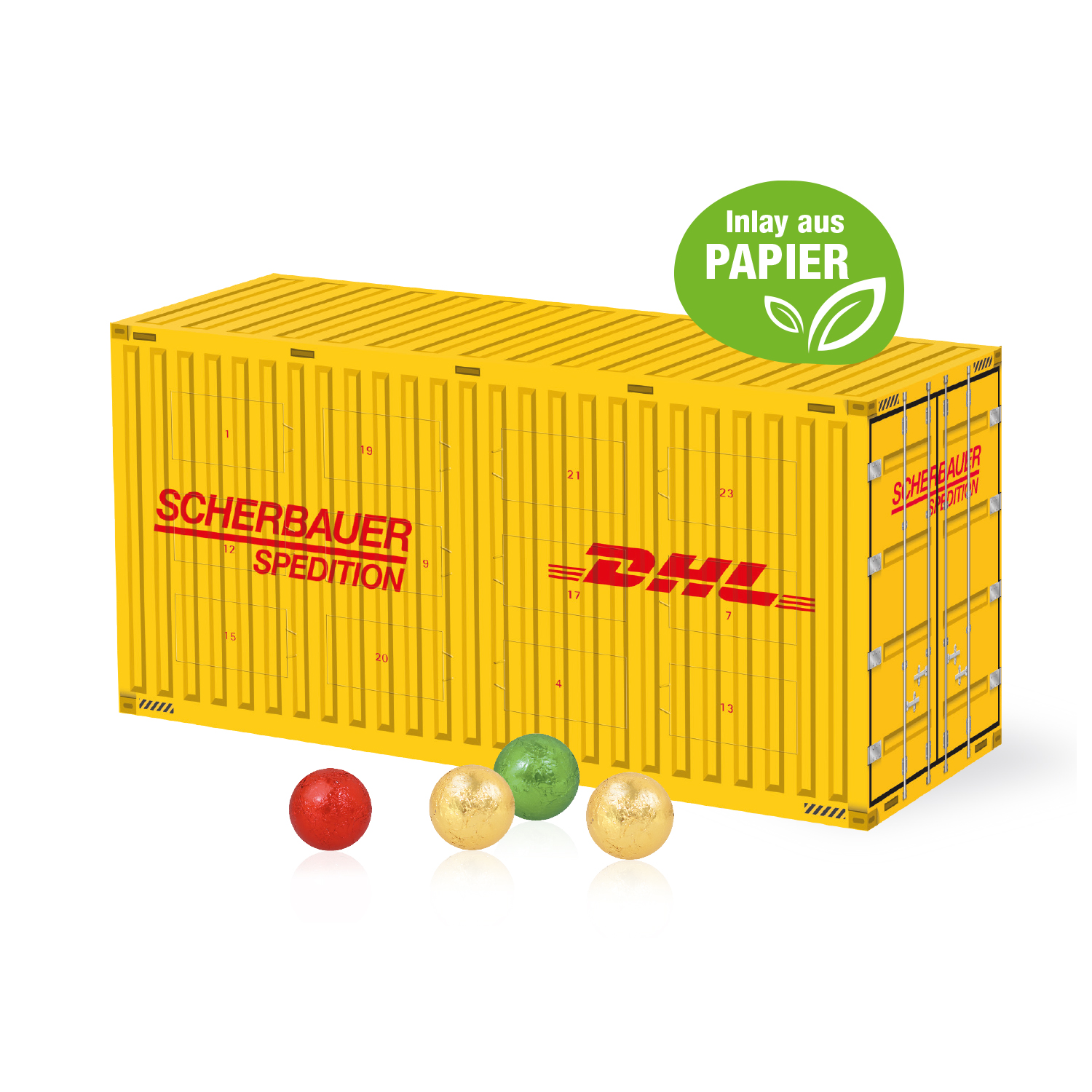 3D Adventskalender "Container" mit Fairtrade® Schokolade mit Papier-Inlay